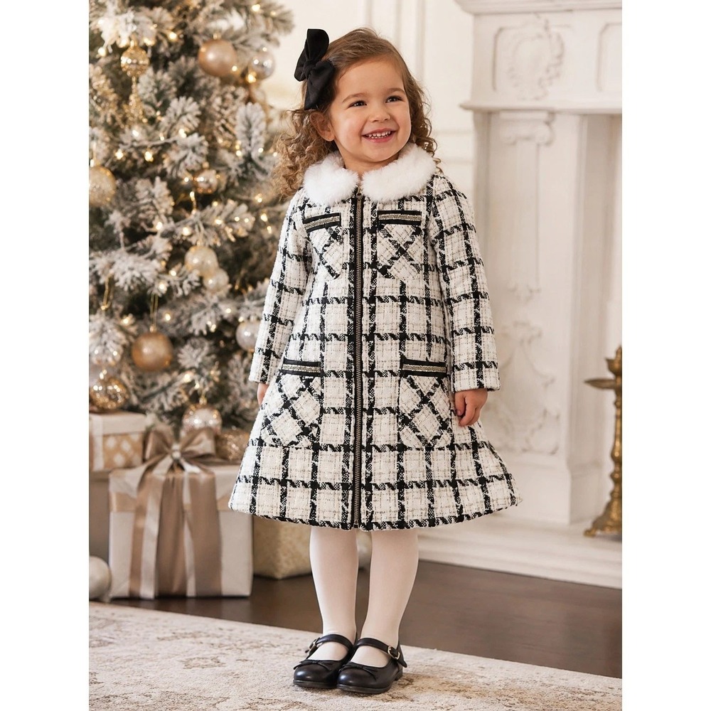 Blueberi Boulevard Girls 2T Plaid Boucle Coat White Black Gold Faux Fur Collar
